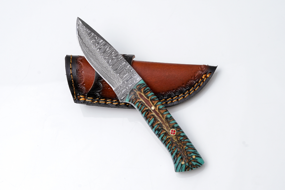 Premium Custom Damascus Steel Skinning Knife with Epoxy Pine Cone Handle