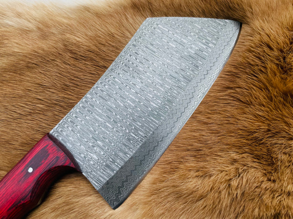 Custom Damascus steel cleaver Red Handle