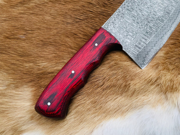 Custom Damascus steel cleaver Red Handle