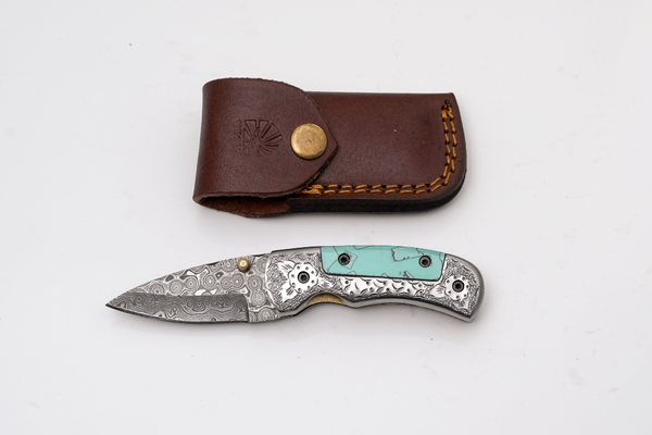 Hand-Forged Damascus Folder | Turquoise Handle, Engraved Bolster & Intricate Scrollwork - TF-076