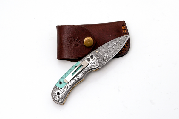 Hand-Forged Damascus Folder | Turquoise Handle, Engraved Bolster & Intricate Scrollwork - TF-076