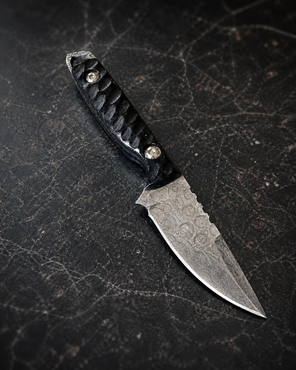 Titan "Shadow Scale" Damascus Hunting Knife | Drop-Point Blade | Carved Black Micarta Handle | Black Leather Sheath TK-516