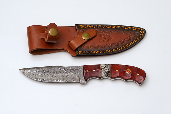 Handmade Damascus Steel Fixed Blade Knife with Red Diamond Wood Handle & Leather Sheath | Hunting, Camping & Collectible Knife