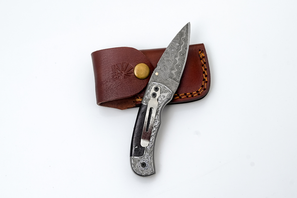Hand-Forged Damascus Folding Knife | Engraved Bolster, Dark Wood Handle & Intricate Spine File Work TF-074