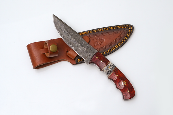 Handmade Damascus Steel Fixed Blade Knife with Red Diamond Wood Handle & Leather Sheath | Hunting, Camping & Collectible Knife