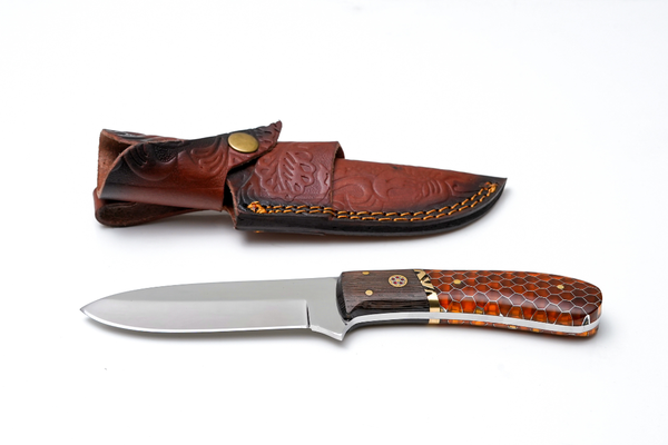 Titan International Knives Satin Finish Hunter — Amber Honeycomb & Wood Hybrid Handle — Bushcraft & Skinning Knife