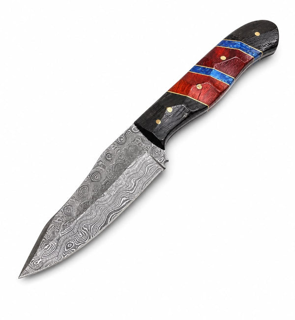 A Damascus steel fixed-blade knife with a patterned steel blade and a decorative handle featuring red, blue, and black inlay sections, shown on a plain white background.