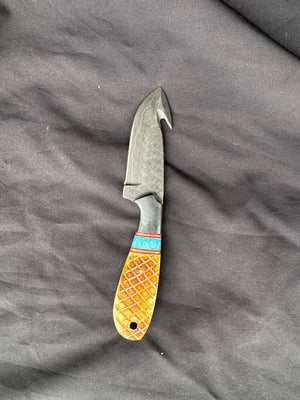 Titan "Amber Turquoise" Damascus Gut-Hook Skinner | Genuine Damascus Steel Blade, Turquoise Inlay TIK-009
