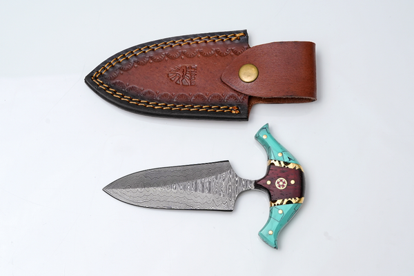 Hand-Forged Damascus Steel Push Knife | Teal Turquoise & Wood Hybrid Handle with Mosaic Pin | Palm Skinner -TK-506