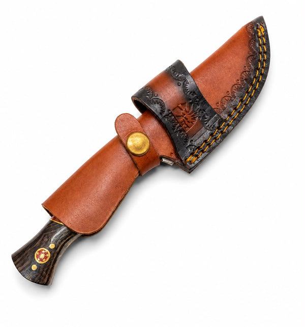 Hand-Forged Damascus Steel Drop Point Hunting Knife – Wenge, Camel Bone & Rosewood Handle with Hand-Tooled Leather Sheath TKT-10