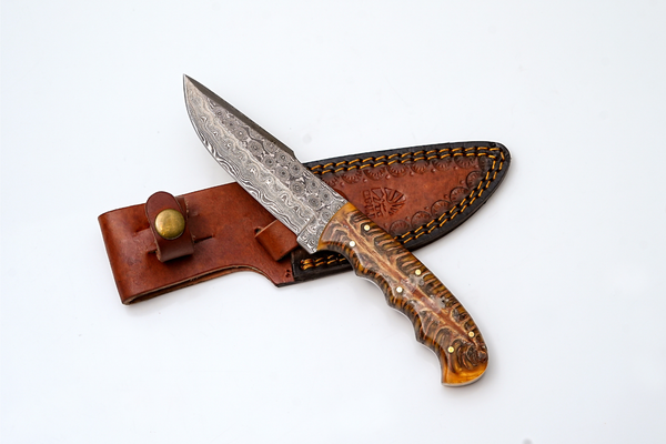 Handmade Damascus Steel Fixed Blade Knife with Amber Resin Bone-Pattern Handle & Brass Accents + Leather Sheath | Hunting, Camping & Collectible Knife