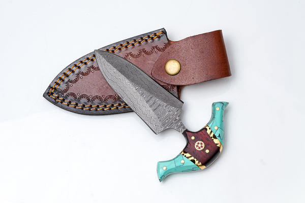 Hand-Forged Damascus Steel Push Knife | Teal Turquoise & Wood Hybrid Handle with Mosaic Pin | Palm Skinner -TK-506