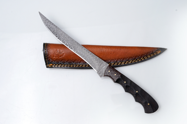 Titan International Knives Damascus Steel Fillet Knife — Blade with Honeycomb & Dark Wood Hybrid Handle — Fishing & Boning Tool