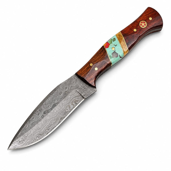 Hand-Forged Damascus Steel Drop Point Hunting Knife – Rosewood & Turquoise Mosaic Inlay Handle with Hand-Tooled Leather Sheath TKT-4