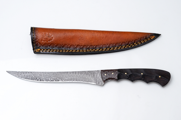 Titan International Knives Damascus Steel Fillet Knife — Blade with Honeycomb & Dark Wood Hybrid Handle — Fishing & Boning Tool