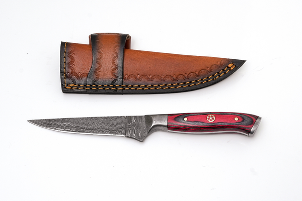 Hand-Forged Damascus Steel Skinning Knife | Red Pakkawood Handle & Mosaic Pin - TK-448