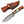 A fixed-blade knife with a patterned steel blade, a reddish-brown wood handle with colorful inlay, and a brown leather sheath, shown on a plain white background.
