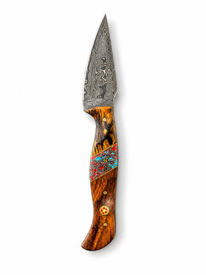 Titan "Painted Mesa" Damascus Hunting Knife | Cocobolo Rosewood & Turquoise Mosaic Handle | Hand-Tooled Leather Sheath TK-514
