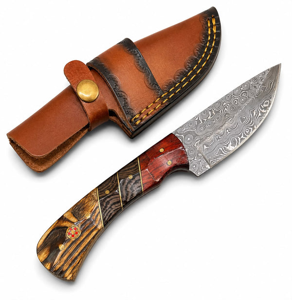 Hand-Forged Damascus Steel Drop Point Skinning Knife – Tiger Bamboo, Wenge & Rosewood Handle with Hand-Tooled Leather Sheath TKT-6