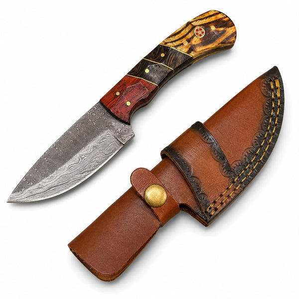 Hand-Forged Damascus Steel Drop Point Skinning Knife – Tiger Bamboo, Wenge & Rosewood Handle with Hand-Tooled Leather Sheath TKT-6