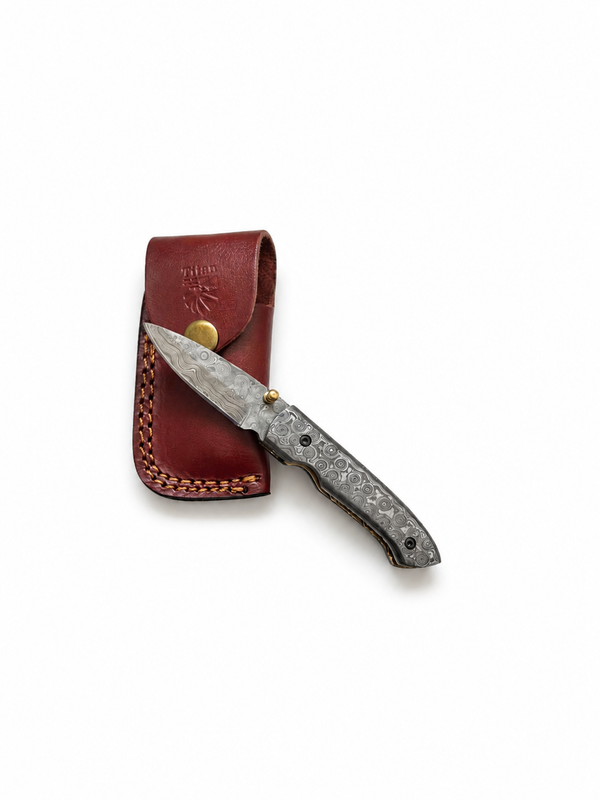 Titan Damascus Folding Knife with Full Damascus Handle & Leather Sheath