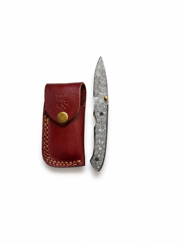 Titan Damascus Folding Knife with Full Damascus Handle & Leather Sheath