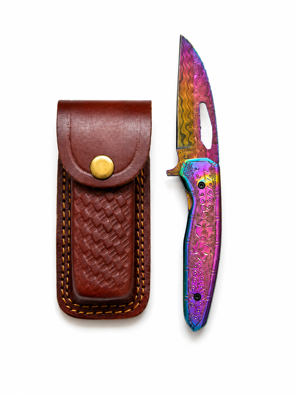 Titan Aurora Damascus Folding Knife with Engraved Rainbow Handle & Leather Sheath