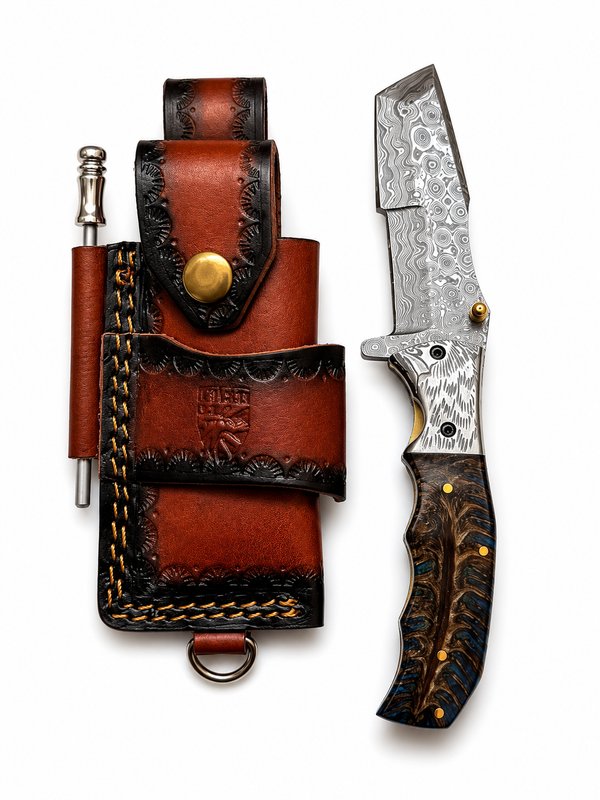 Titan Tactical Tanto Damascus Folding Survival Knife with Leather Sheath
