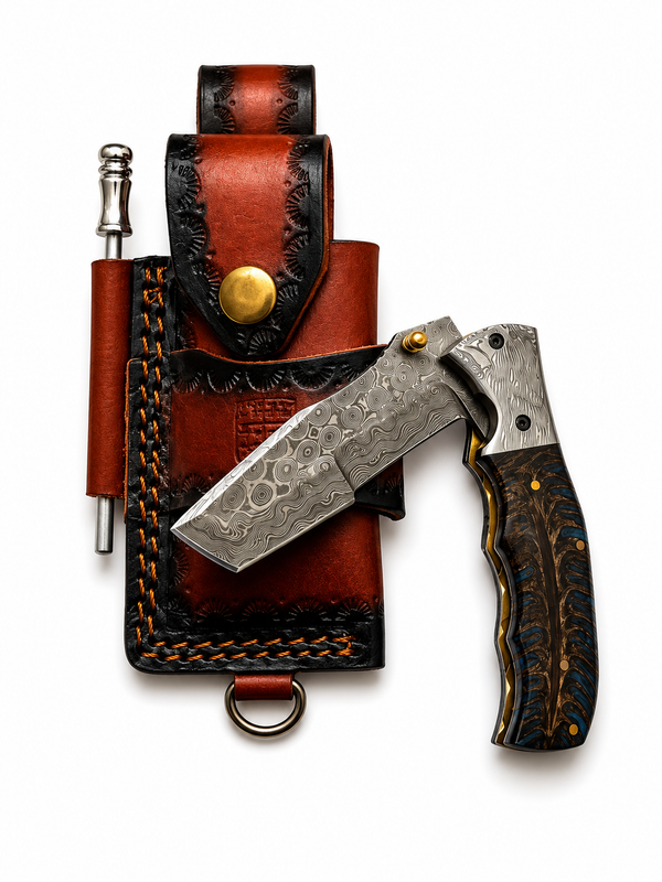 Titan Tactical Tanto Damascus Folding Survival Knife with Leather Sheath