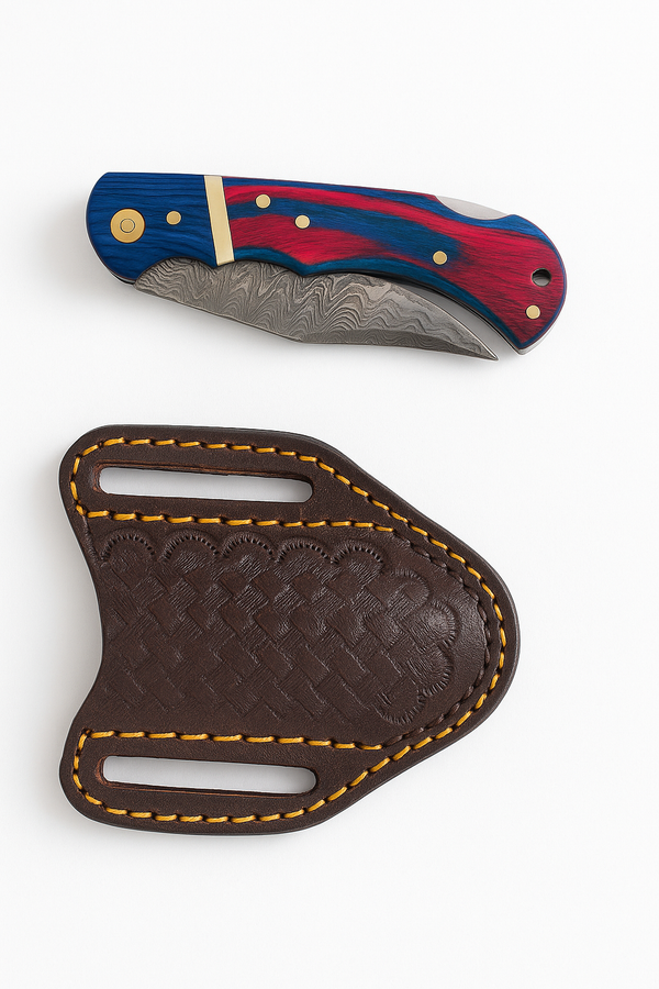Patriot Series Damascus Folding Knife – Red & Blue Handle with Leather Sheath