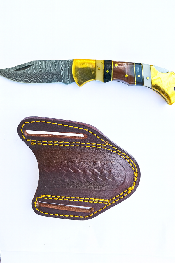 Brass & Bone Damascus Folding Knife with Leather Sheath