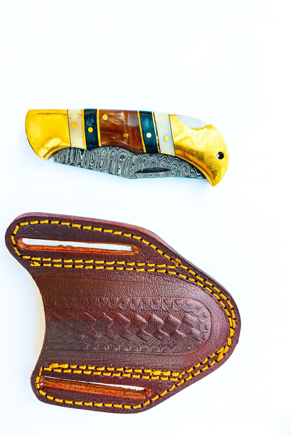 Brass & Bone Damascus Folding Knife with Leather Sheath