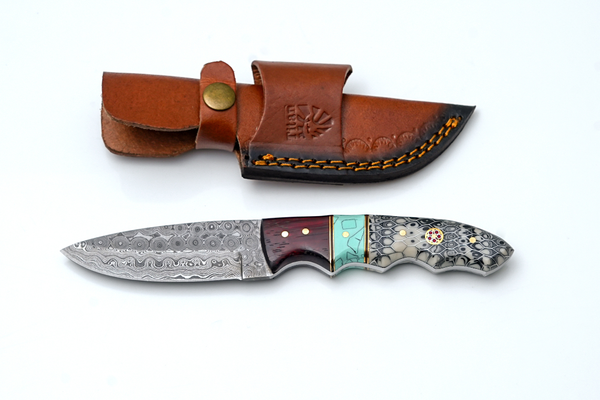 Titan "Cobra" Hand-Forged Damascus Steel Hunting Knife with Turquoise & Honeycomb Handle - TK-508