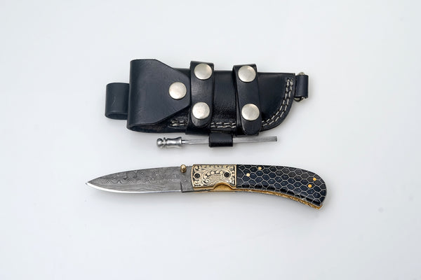 Hand-Engraved Damascus Folding Knife with Honeycomb Handle