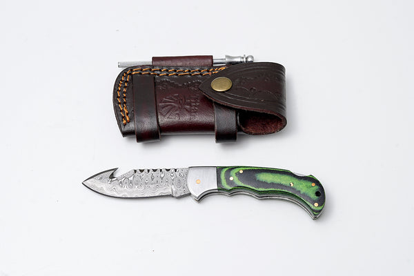 Green Micarta Damascus Gut Hook Hunting Knife