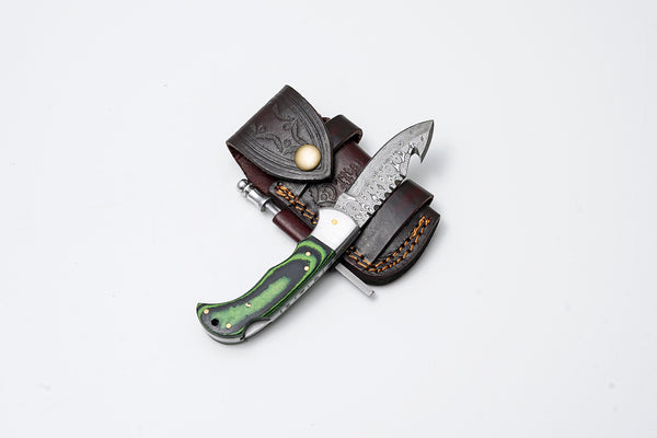 Green Micarta Damascus Gut Hook Hunting Knife