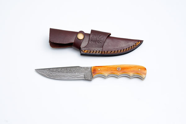 A.5 DAMASCUS STEEL KNIFE BURNT BONE SCALES TD-711