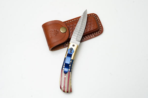 Patriotic American Flag Folding Knife | Hand-Forged Damascus Steel | Custom Blue Pocket Clip Edition TK-475