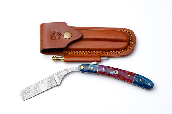 Damascus Straight Razor with Blue & Purple Resin Handle