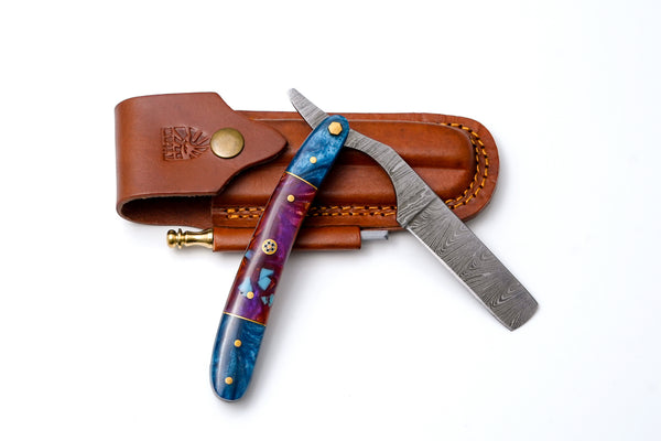 Damascus Straight Razor with Blue & Purple Resin Handle