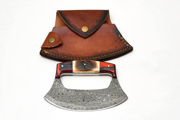 Hand-Forged Damascus Ulu Knife with Leather Sheath
