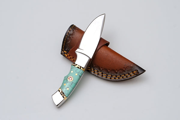 Custom Stainless Steel Knife with Turquoise Mosaic Handle & Leather Sheath