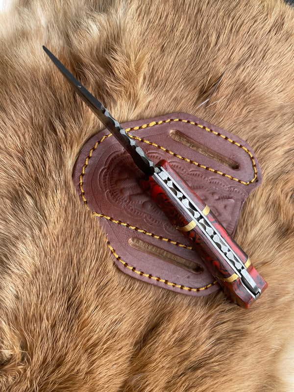 POCKET KNIFE RED RESIN WOOD 6.5'' DAMASCUS STEEL KNIFE STEEL BOLSTER BACK LOCK FOLDING KNIFE BP-18
