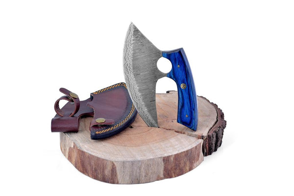 Custom Alaskan Ulu style blade, perfect for outdoors and indoor use, diamond wood (Blue and black)