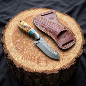 Titan "Amber Turquoise" Damascus Gut-Hook Skinner | Genuine Damascus Steel Blade, Turquoise Inlay TIK-009
