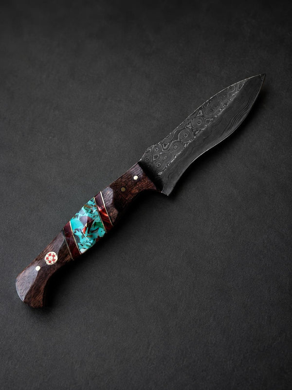 Damascus Steel Fixed Blade Drop Point Hunting Knife, Dark Wood & Turquoise Resin Inlay Handle for Camping & Bushcraft with Custom Leather Sheath TK-520