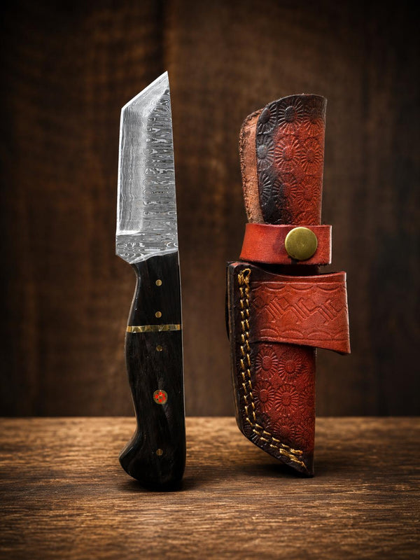 Damascus Steel Fixed Blade Straight Edge Utility Knife, Dark Wood Handle with Mosaic for Camping & Bushcraft with Custom Leather Sheath TK-521