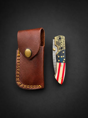Premium Damascus Steel Folding Pocket Knife – Patriotic Edition with Leather Sheath TF-102