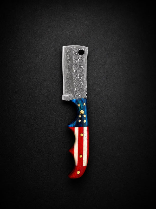 Premium Damascus Steel Fixed Blade Cleaver – Patriotic Edition with Tooled Leather Sheath TK-528