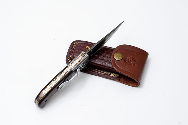 Titan classico- Raindrop Damascus folding blade/ EDC/ Buck engraved TF-001X